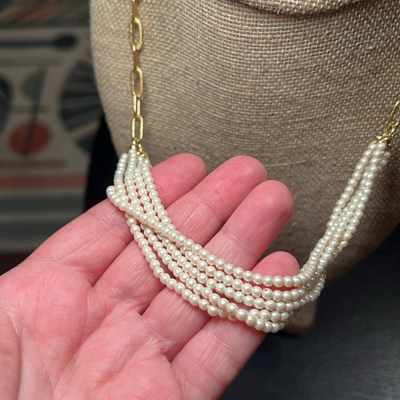 Ann Taylor Cream Faux Pearl Multi-Strand Gold Chain Necklace - Picture 3 of 7